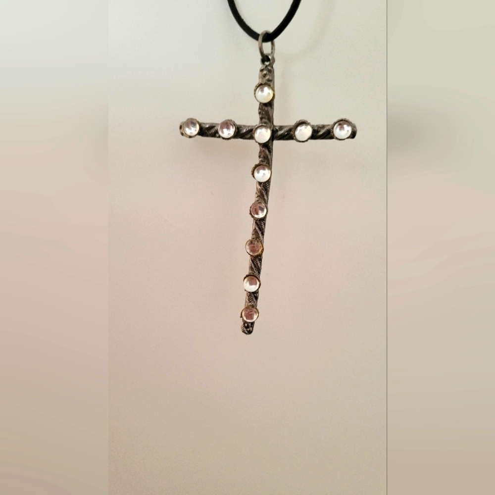 Unique Rhinestone Cross Necklace with Black Cord Tie – Edgy & Sparkling